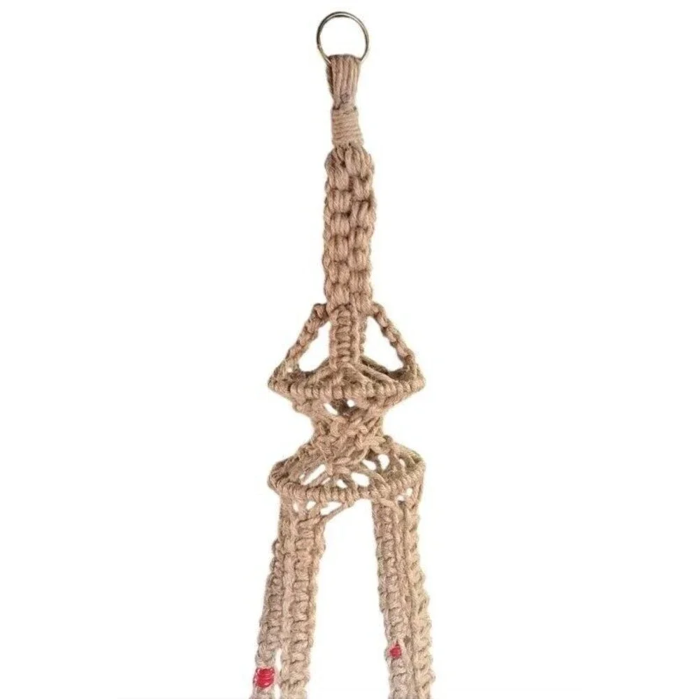 70s Macrame Thick Jute Plant Hanger 72” Long Natural Brown Boho Chunky Red Beads